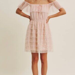 Soft Blush Off-Shoulder Sequin Lace Dress with Chiffon Overlay